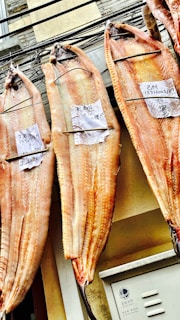 Large fish are hung side by side, drying with labels attached to each. The fish have a pinkish hue and are displayed against an urban backdrop with buildings.