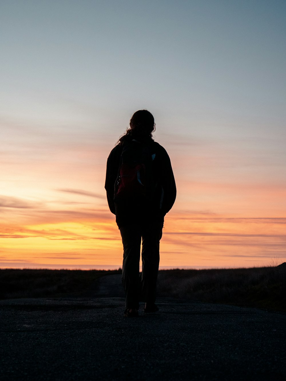 silhouette of man standing on field during sunset