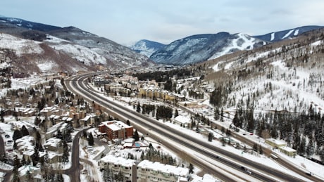 The Colorado Rockies - Aerial view of Vail's ski slopes in winter