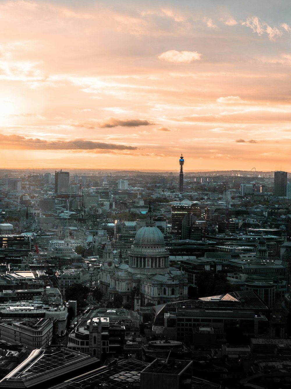 aerial view of city during sunset