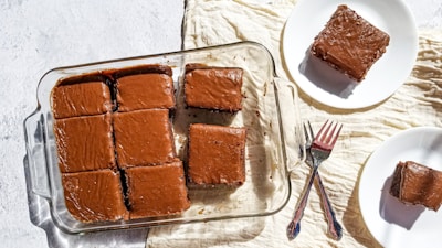 brown cake on white ceramic plate