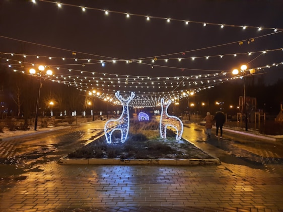 A warmly lit pathway in Porter Park lined with colorful holiday decorations and softly falling snow.