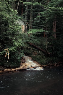 Wooden cabin nestled beside a natural waterfall at sunset.