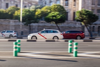 A white car with distinctive red diagonal stripes moves along a multi-lane road in an urban setting. Nearby, a red vehicle travels in the same direction. Tall, blurred, green trees and a stone building are visible in the background, contributing to a sense of motion.