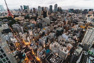 A sprawling cityscape filled with densely packed skyscrapers and buildings, stretching into the distance under a cloudy sky. Bright city lights illuminate the streets, creating a vibrant and bustling atmosphere. A prominent red tower stands out among the grey and glass structures.