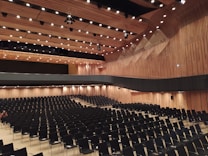 A large, modern auditorium with wooden paneling and many rows of empty black chairs. The ceiling is adorned with spotlights and the walls have an elegant curved design.