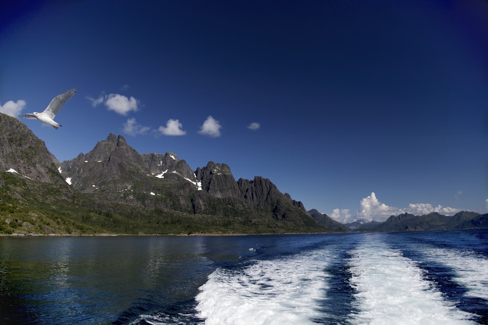 green mountain beside body of water under blue sky during daytime