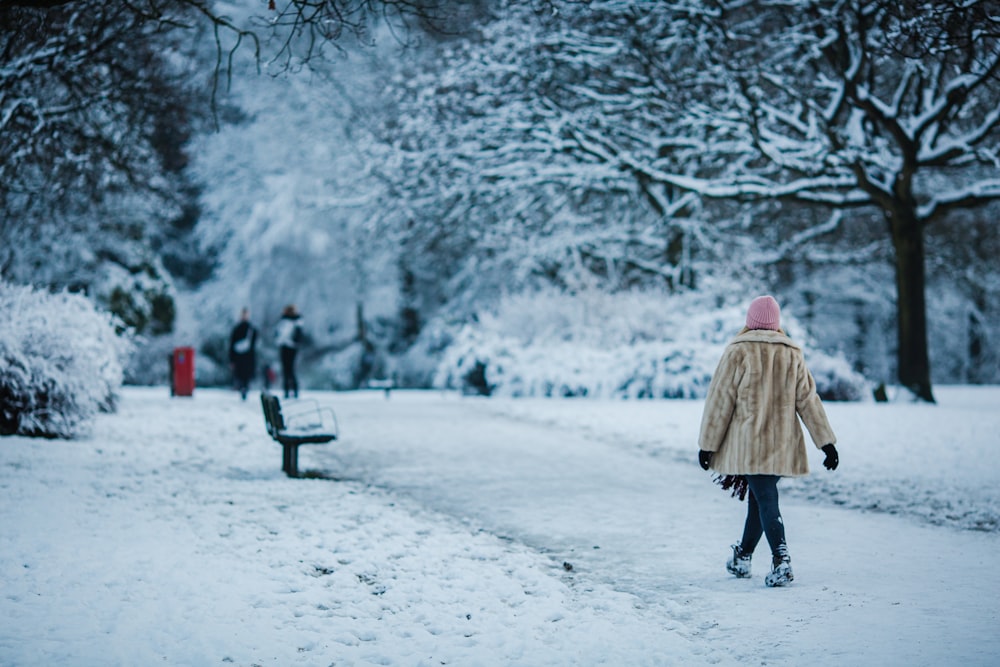 woman in brown coat walking on snow covered road during daytime