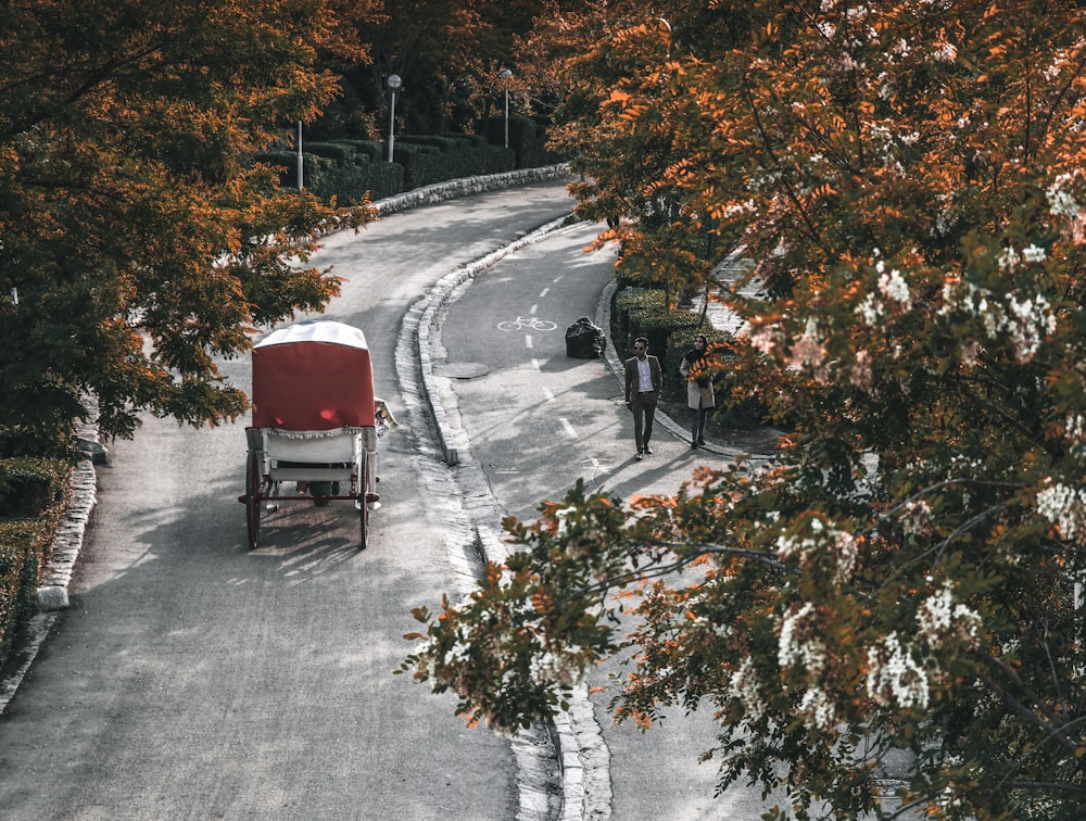 red and white wooden cart on gray asphalt road during daytime