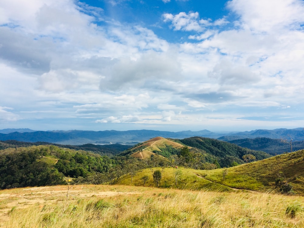 Campo di erba verde e montagne sotto cielo blu durante il giorno