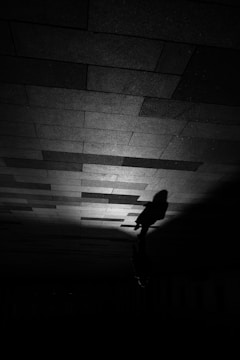 A dark, dramatic scene featuring a shadow cast on a tiled pavement. The distinct shadow is of a person walking, suggesting movement and mystery.