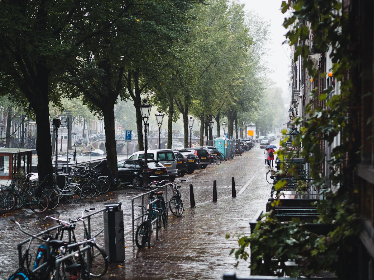 Bicycle parked on a city sidewalk on a rainy day
