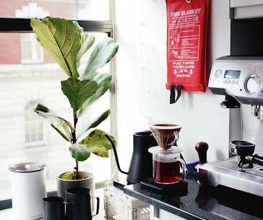 red and silver coffee maker beside white ceramic mug