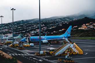 blue and white airplane on airport during daytime