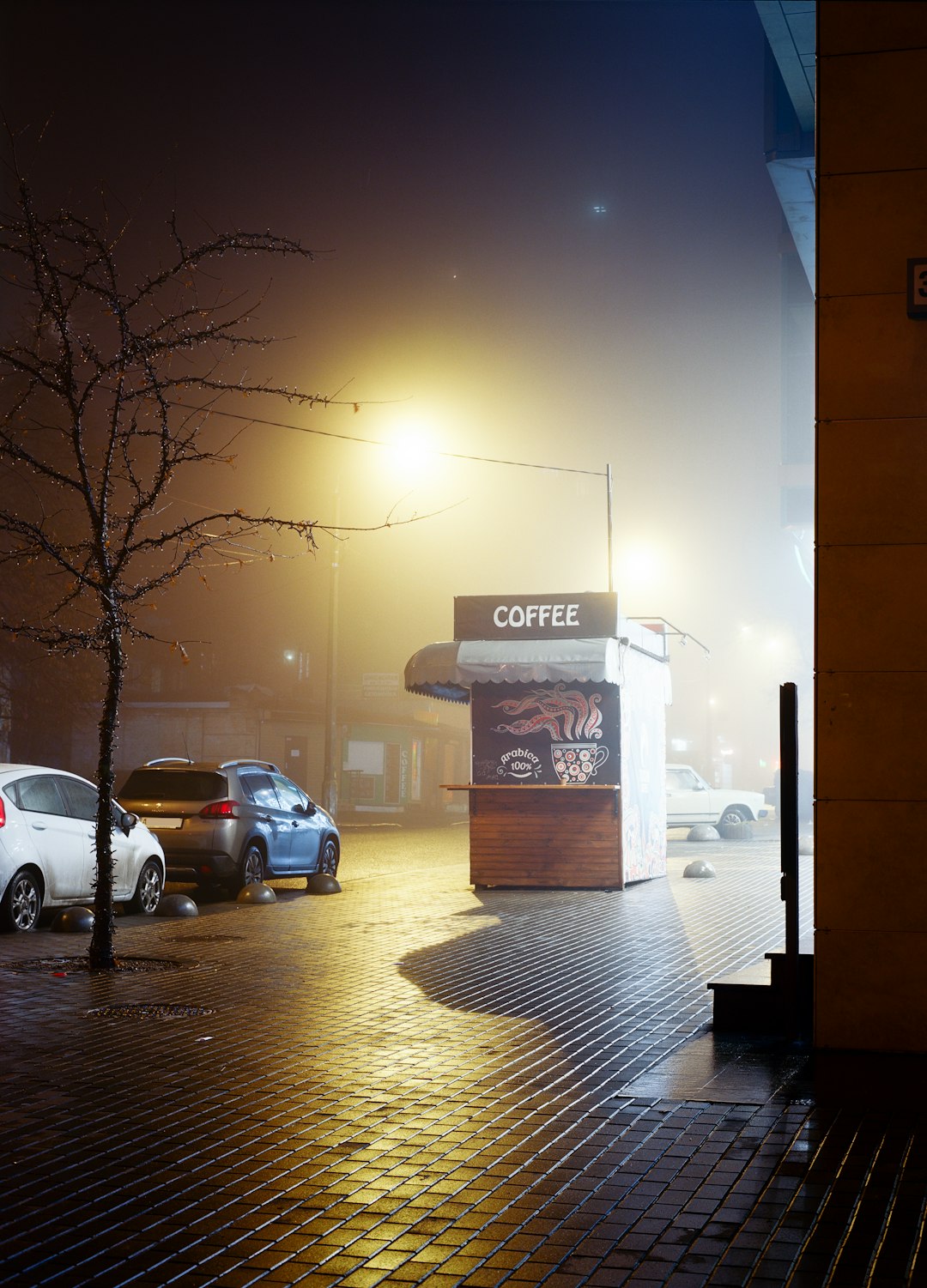 cars parked beside brown building during night time