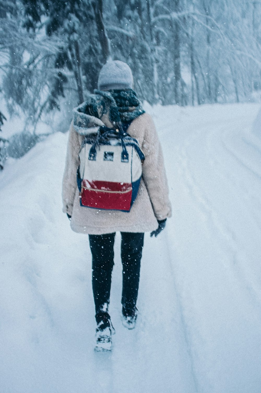 person in gray winter coat carrying red and white backpack walking on snow covered ground during