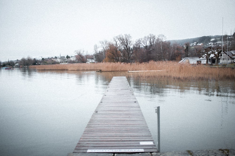 Pontile di legno marrone sul lago durante il giorno