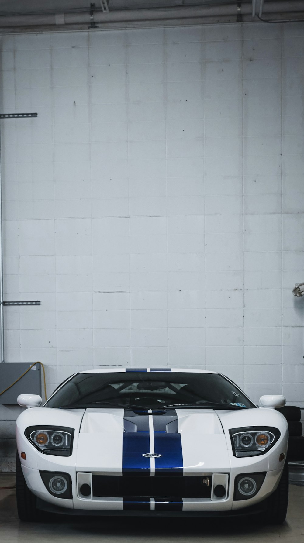 black and white car in a garage