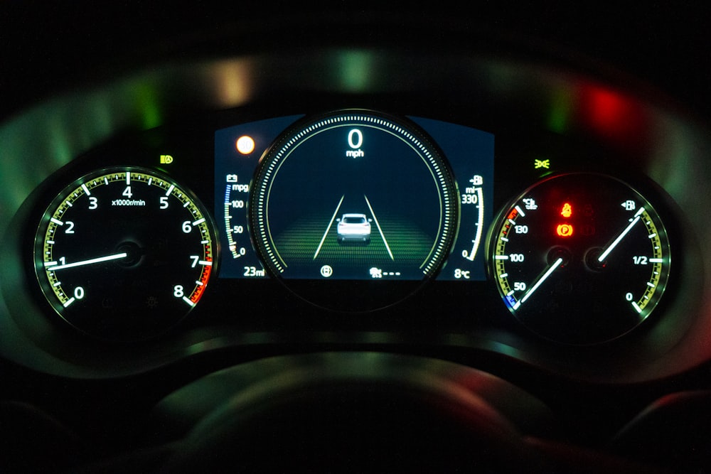 black and white car instrument panel cluster