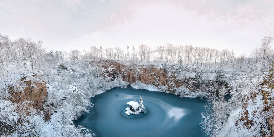 lake surrounded by snow covered trees during daytime