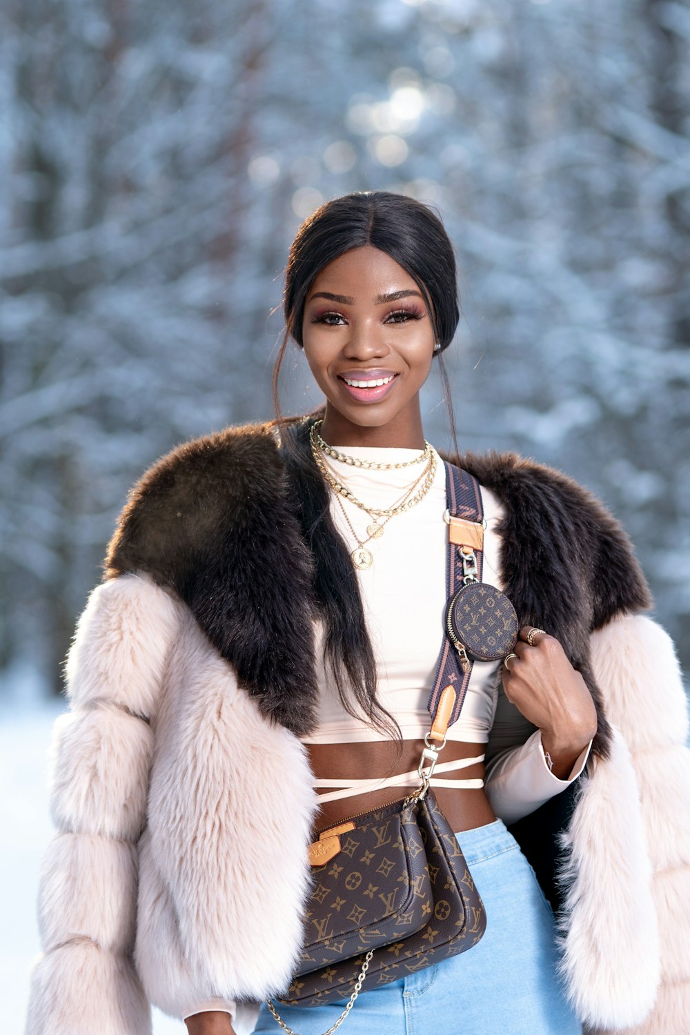 woman in white and brown fur coat