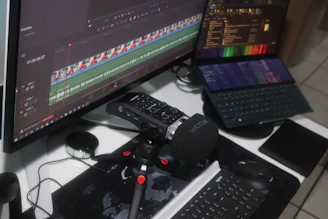 A workspace setup featuring a large monitor displaying video editing software with audio and video tracks visible on the timeline. A digital audio recorder with a foam windscreen is mounted on a small tripod in front of a keyboard. A laptop displaying various software interfaces is positioned nearby, along with a computer mouse and a tablet.