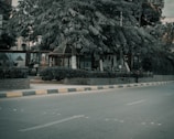 An empty street lined with trees and lamp posts, featuring a mural depicting Egyptian scenes on a wall behind some foliage. There is a structure with a wooden roof near the mural, and the street is bordered by a curbstone with alternating black and yellow paint.