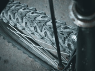 Close-up of a mountain bike tire on a dirt path with Himalayan mountains in the distance