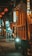 A nighttime urban street scene featuring a large orange waste collection truck in the foreground. The street is lined with various illuminated signs and lanterns, with a few people walking in the background. The setting appears to be in a busy city area with an array of commercial establishments.