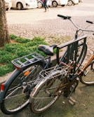 black city bike parked beside brown tree trunk