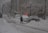 A snowy urban scene with several cars parked along a snow-covered street. A person is shoveling snow near the parked vehicles. Buildings line the street, and snow-covered trees are visible. Outdoor lamps and various street signs are also present.
