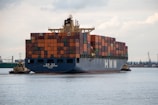 A large cargo ship laden with multicolored shipping containers is being assisted by two smaller tugboats in a wide expanse of water. The ship has the letters 'HMM' prominently displayed on its side. The background includes a distant industrial area with cranes and buildings.
