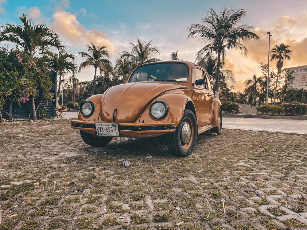 yellow car parked near palm trees during daytime