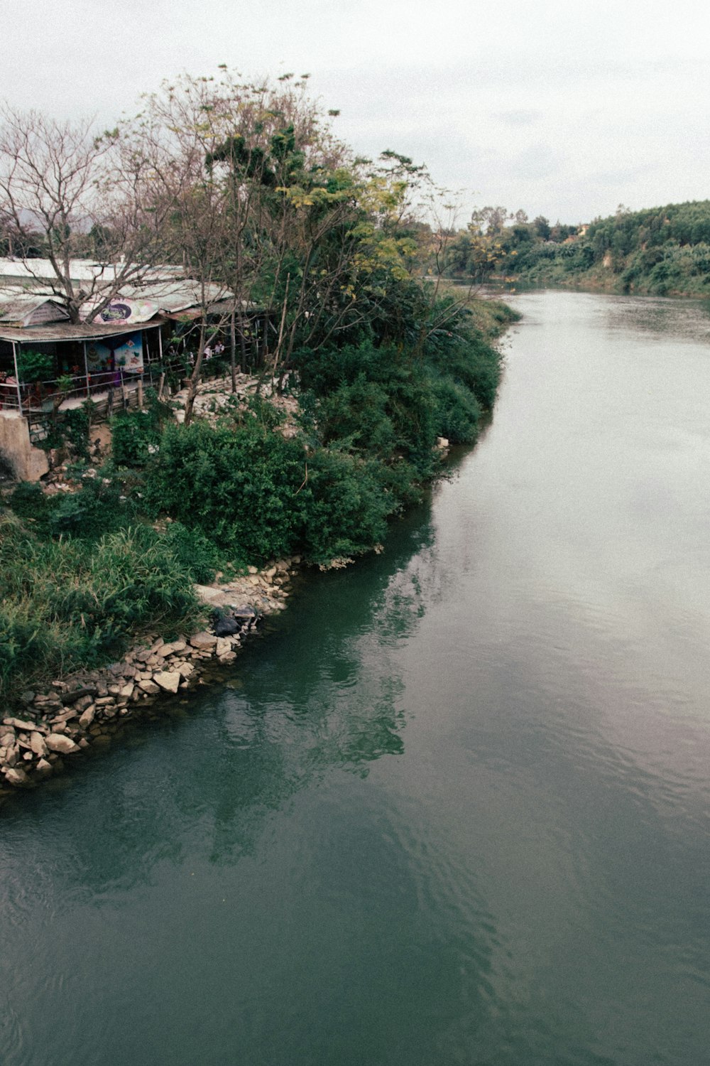 brown wooden house near green trees and river during daytime