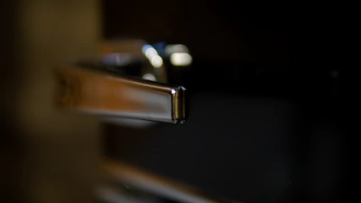 Close-up of modern brushed metal door handles on a wooden door with sleek hinges visible.