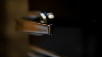 Close-up of decorative steel door handle on a sleek door.