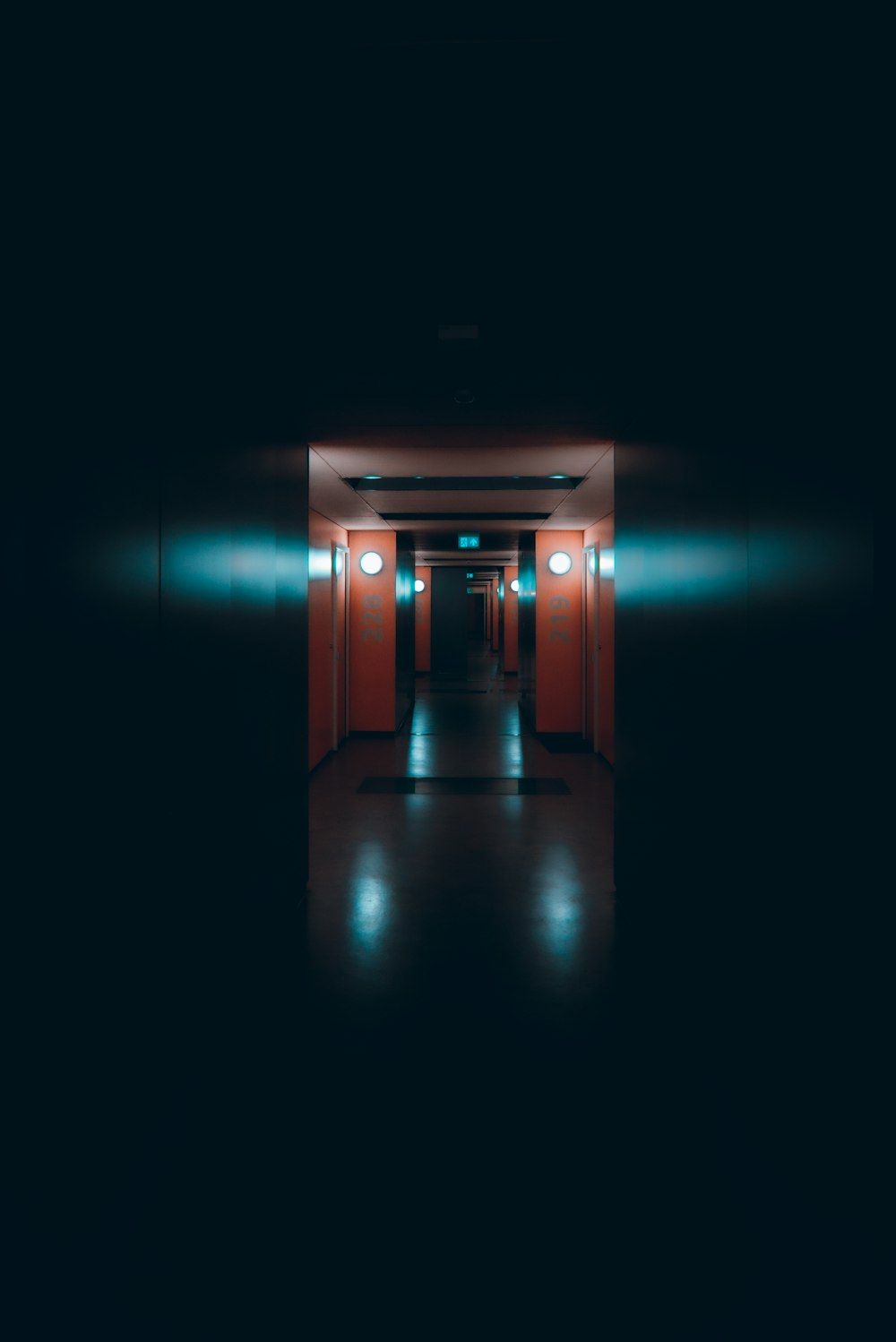 brown wooden hallway with light