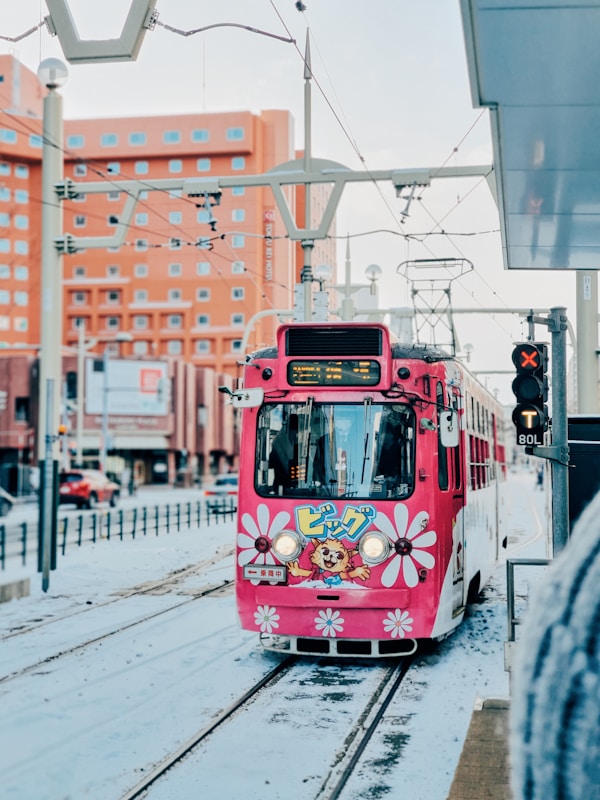白天行駛於札幌市區街道的路面電車