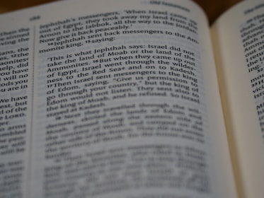 A close-up of an open book displaying a passage. The text is in medium-sized font, and the pages appear well-lit. The focus is on specific lines while the surrounding text is slightly blurred, emphasizing the main content.