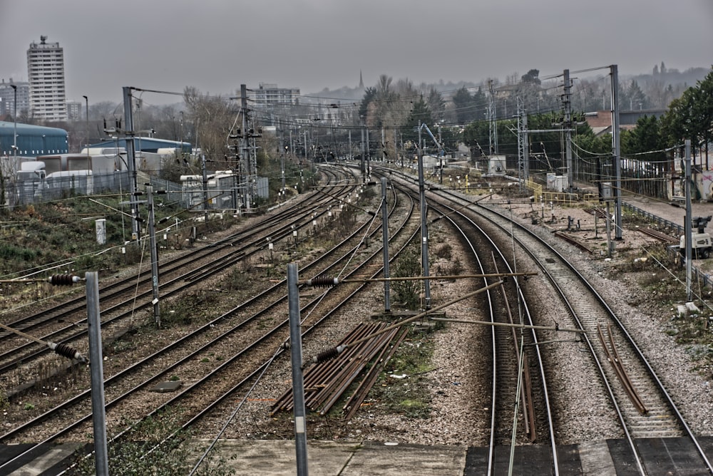 brown train rail near green trees during daytime