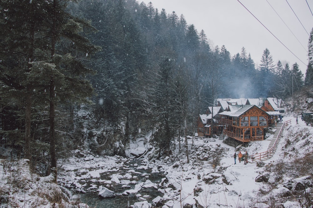 brown house on snow covered ground near trees during daytime