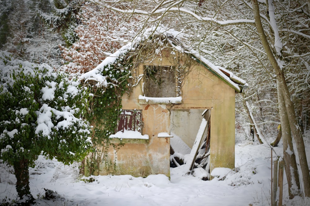 brown wooden house covered with snow