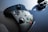 A black gaming controller with colorful buttons labeled X, Y, A, and B is positioned on a flat surface next to wireless earbuds in their charging case. Sunlight casts shadows, emphasizing the controller's sleek design.