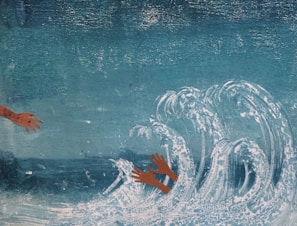 A stylized depiction of ocean waves with three hands reaching out from within and towards the waves. The hands are illustrated in a simplistic manner, contrasting against the textured background of the sea.