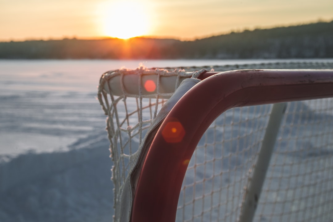 red and white net on white metal fence during sunset