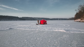 person in red and white dress walking on snow covered field during daytime