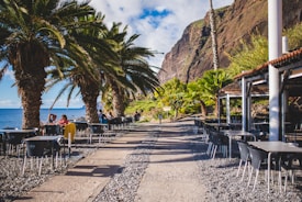 A scenic outdoor cafe setting with palm trees and a view of the ocean. Black chairs and tables are arranged on a gravel pathway. The background features steep cliffs and a partly cloudy sky.