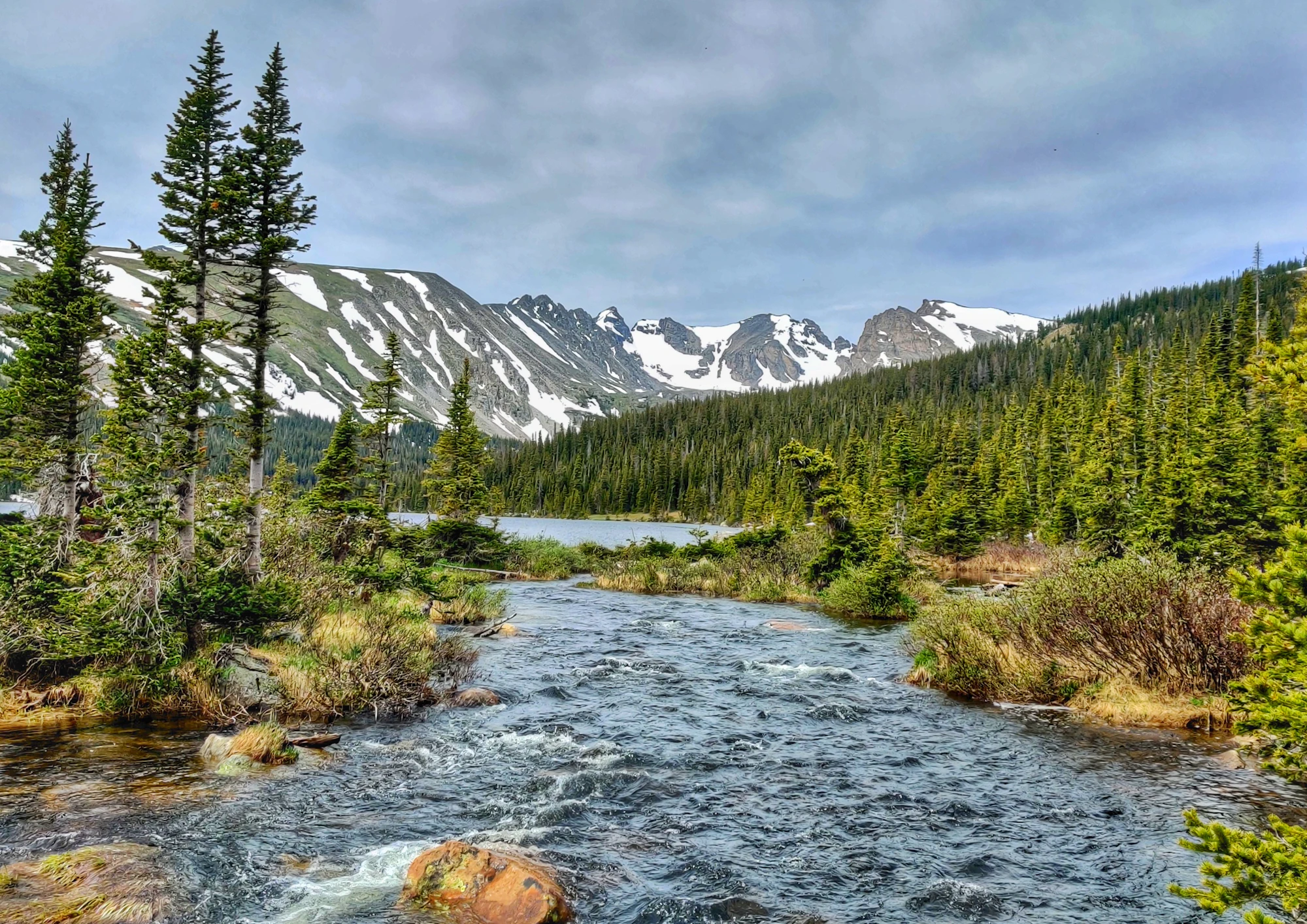 Snow-capped mountains above an alpine lake in Colorado