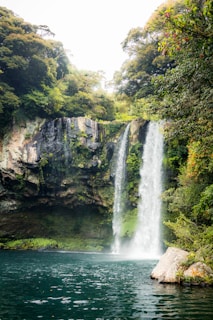 Close-up of a waterfall cascading into a clear pool surrounded by vivid green foliage