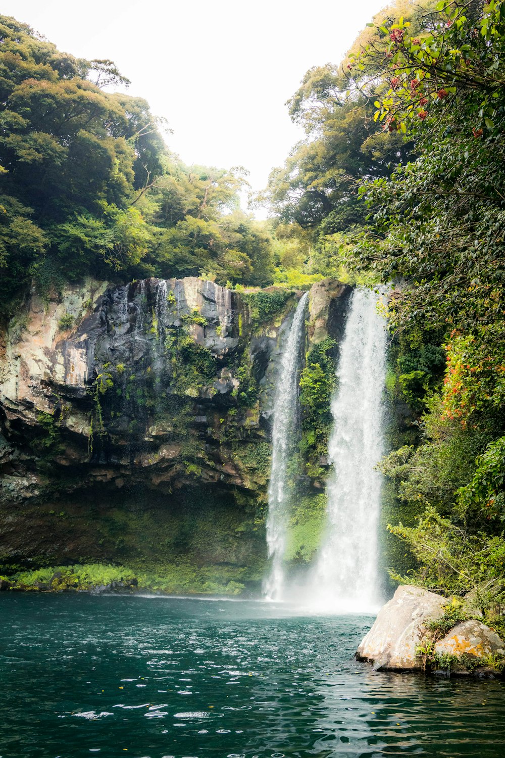 waterfalls between green trees during daytime